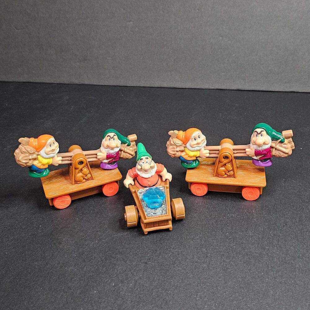 Lot of 3 Seven Dwarves Vtg McDonald's Disney Toys 1992 Teeter Totter Mine Cars